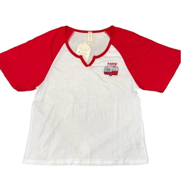 NWT Altar'd State White & Red "Happy Camper" Embroidered Cotton Tee - SIZE SMALL - Picture 2 of 9